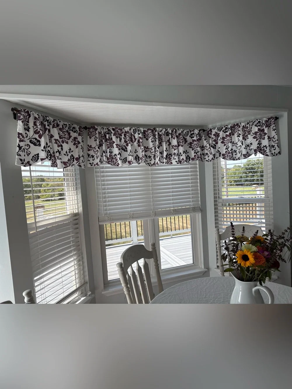 Set of 5 purple white floral print window curtain valances each 53” wide cotton